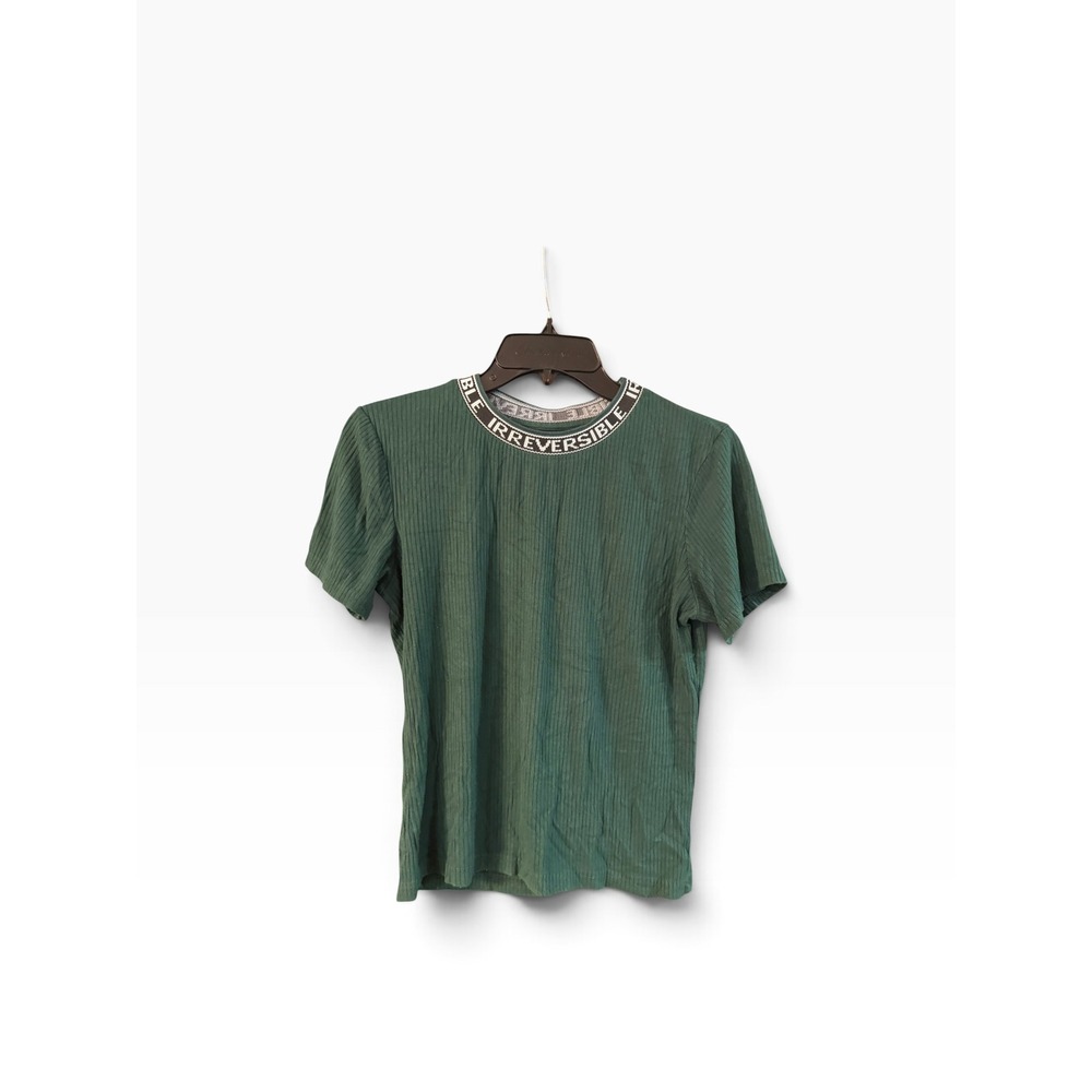 Bershka BSK Green Ribbed Irreversible Graphic Neck Short Sleeve Top Large